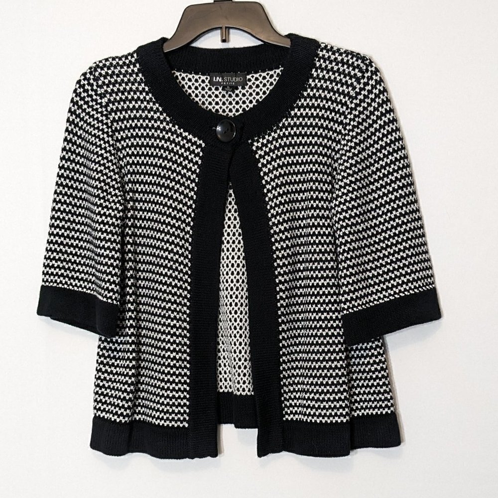 Women's I.N. STUDIO Black/White Short Tweed Sweater Cardigan 3/4 Sleeves Size PL
